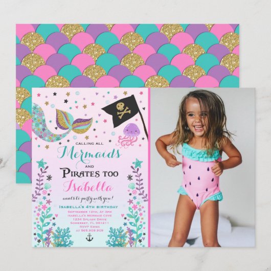 Invitation d'anniversaire de sirène et de pirate (Devant / Derrière)