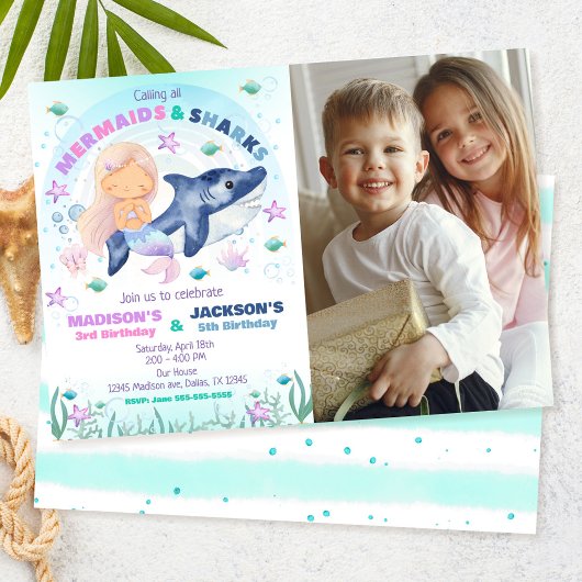 Invitation d'anniversaire de sirène et de requin s