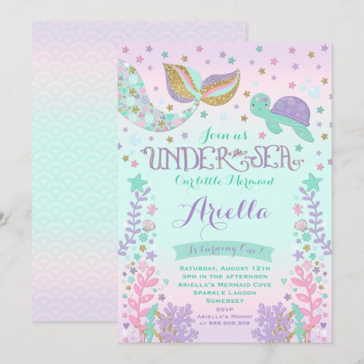 Invitation D'Anniversaire De Sirène Sous La Fête D (Devant / Derrière)