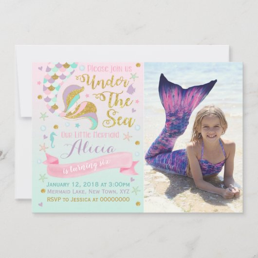 Invitation D'Anniversaire De Sirène Sous La Fête D (Devant)