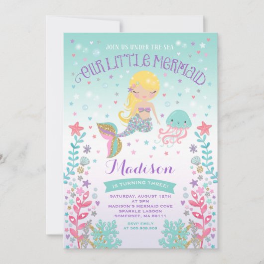 Invitation D'Anniversaire De Sirène Sous La Fête D (Devant)