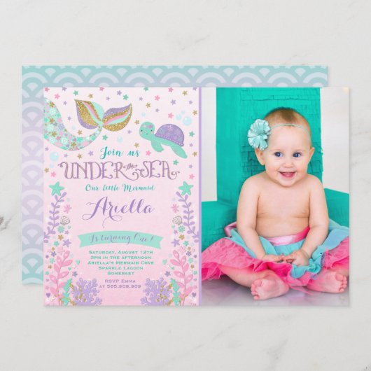 Invitation D'Anniversaire De Sirène Sous La Fête D (Devant / Derrière)