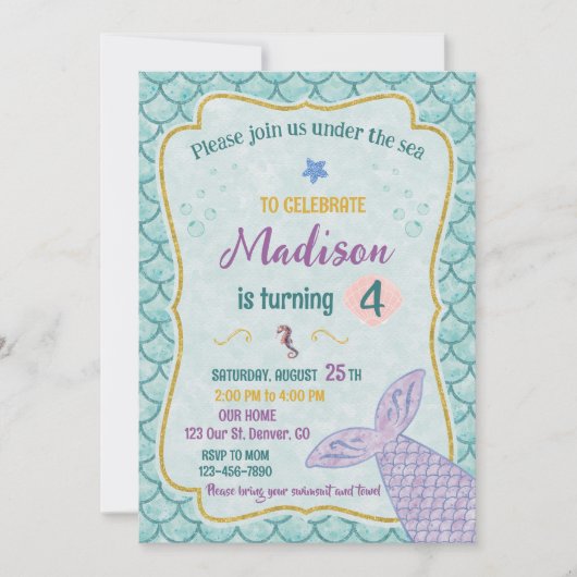 Invitation d'anniversaire de sirène Sous la mer (Devant)