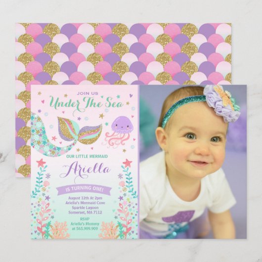 Invitation d'anniversaire de sirène sous la partie (Devant / Derrière)