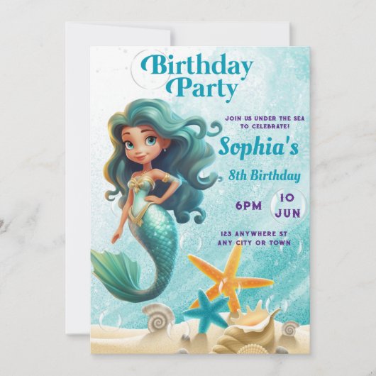 Invitation d'anniversaire de sirène, sous l'Invita (Devant)