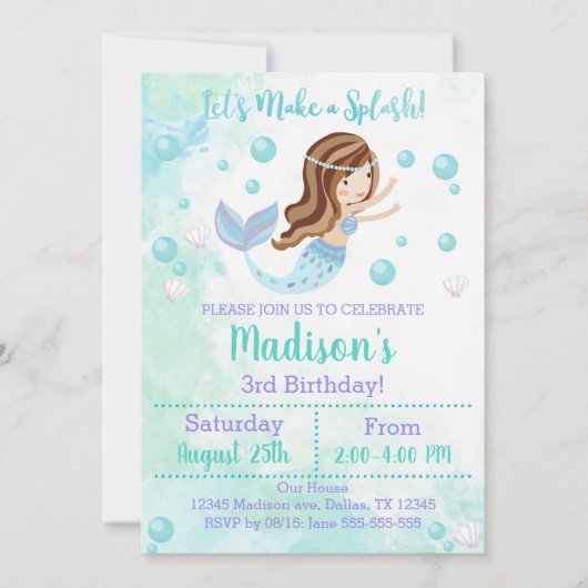 Invitation d'anniversaire de Sirène Turquoise et v (Devant)
