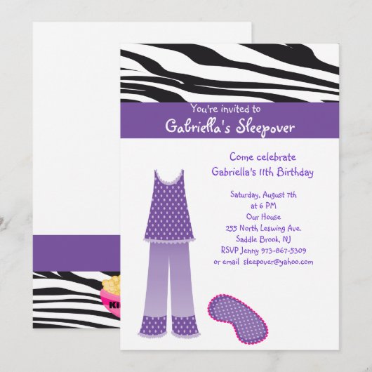 Invitation d'anniversaire de Sleepover de /Zebra (Devant / Derrière)