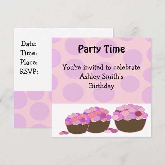 Invitation d'anniversaire de Smartie Cupcake (Devant / Derrière)