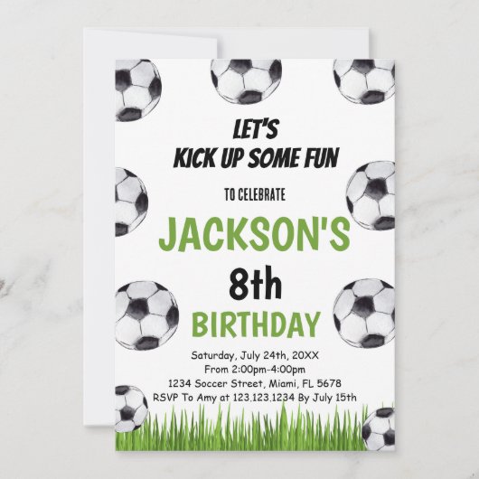 Invitation d'anniversaire de soccer vert et noir (Devant)