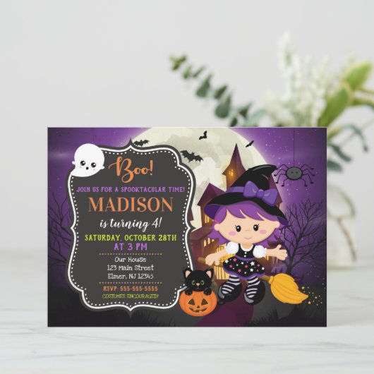 Invitation d'anniversaire de sorcière de Halloween (Debout devant)