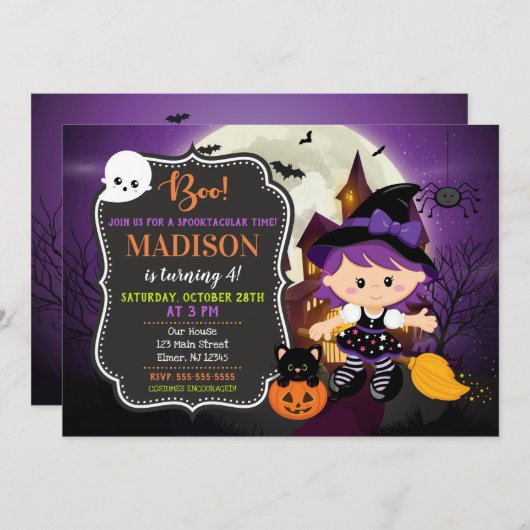 Invitation d'anniversaire de sorcière de Halloween (Devant / Derrière)