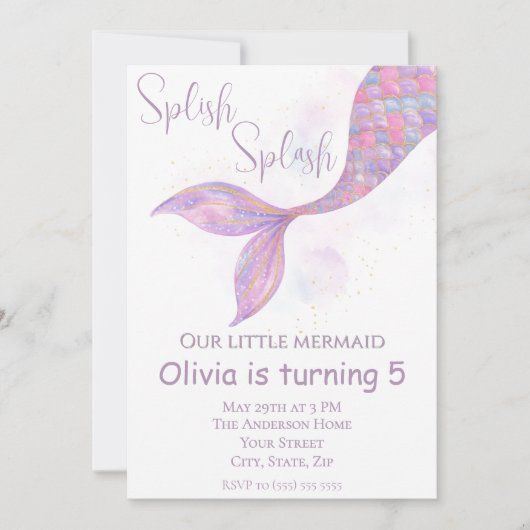 Invitation d'anniversaire de Splish Splash Sirène (Devant)