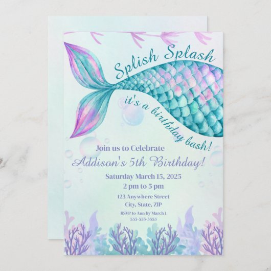 Invitation d'anniversaire de Splish Splash Sirène (Devant / Derrière)