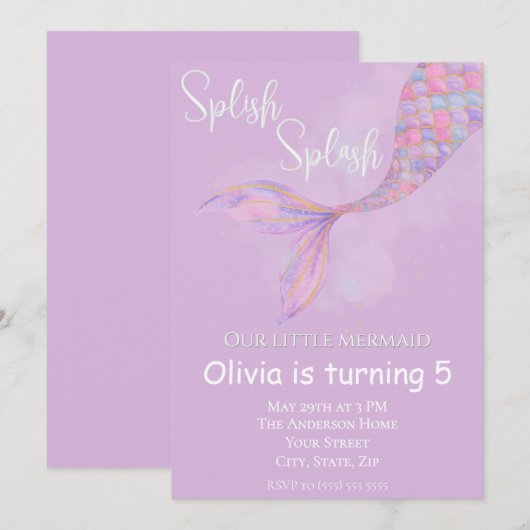 Invitation d'anniversaire de Splish Splash Sirène (Devant / Derrière)