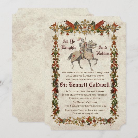 Invitation d'anniversaire de style médiéval Renais (Devant / Derrière)