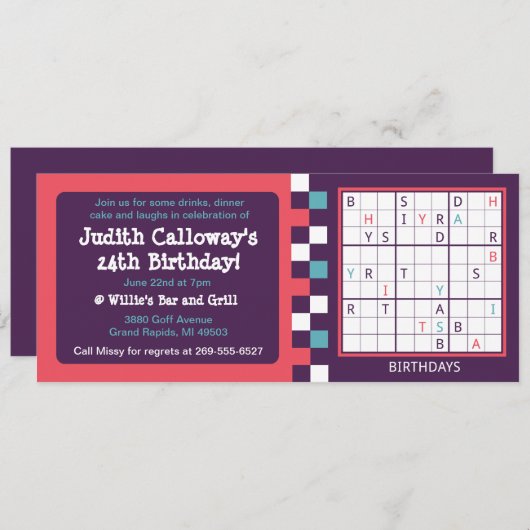 Invitation d'anniversaire de Sudoku solvable (Devant / Derrière)