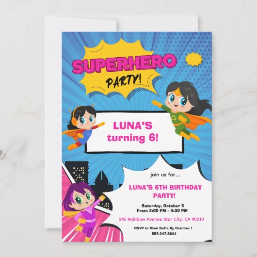 Invitation d'anniversaire de super-héroïne (Devant)