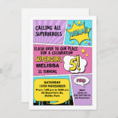 Invitation d'anniversaire de super héros de filles (Devant / Derrière)
