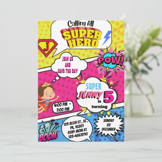 Invitation d'anniversaire de Superhero Comic pour  (Debout devant)