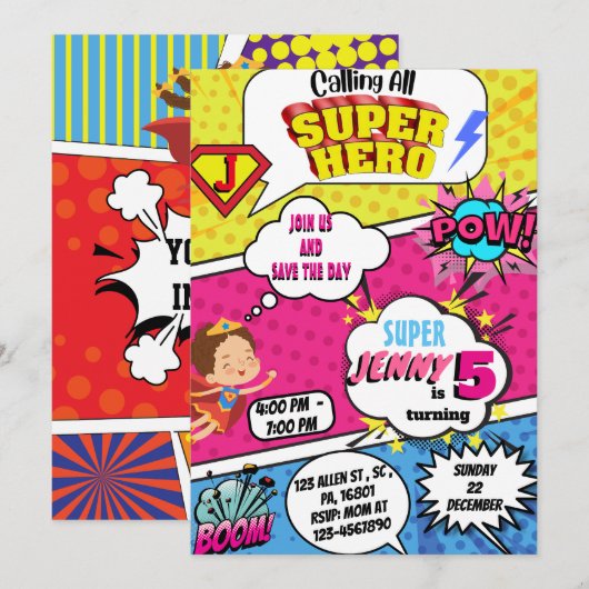 Invitation d'anniversaire de Superhero Comic pour (Devant / Derrière)