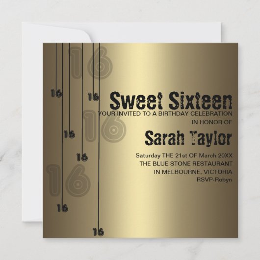 Invitation d'anniversaire de sweet sixteen d'or (Devant)