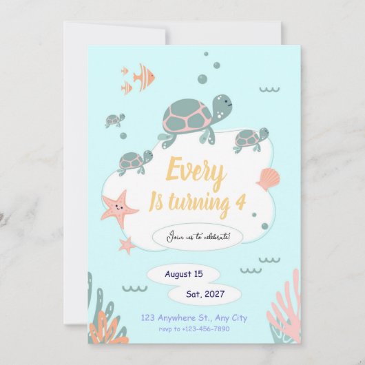Invitation d'anniversaire de tortue sous l'invitat (Devant)