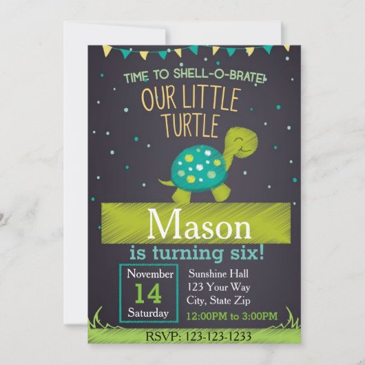 Invitation d'anniversaire de tortue (vert) (Devant)