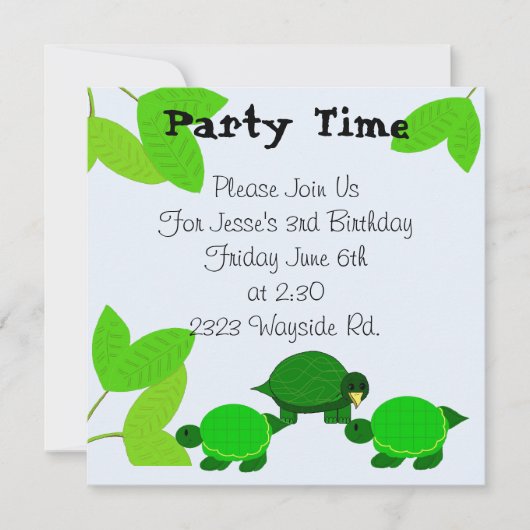 Invitation d'anniversaire de Tortue Verte (Devant)