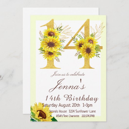 Invitation d'anniversaire de tournesol, 14e annive (Devant / Derrière)