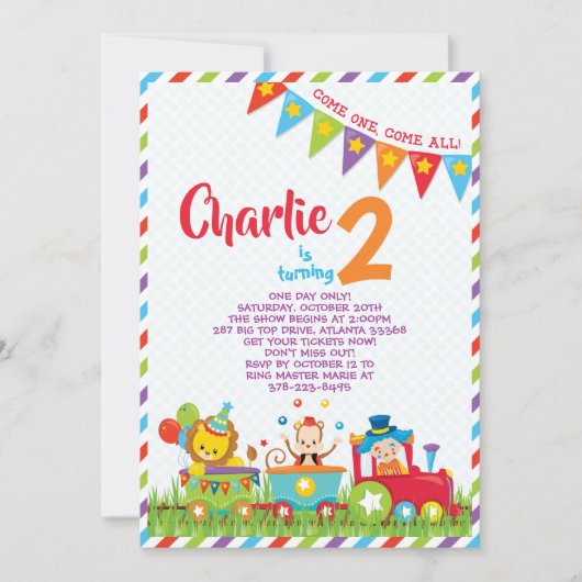 Invitation d'anniversaire de train de cirque (Devant)