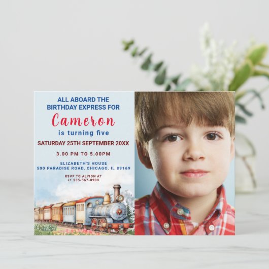 Invitation d'anniversaire de train modifiable avec (Debout devant)