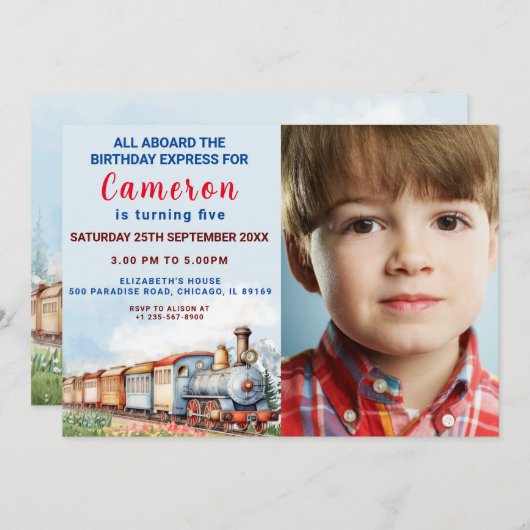 Invitation d'anniversaire de train modifiable avec (Devant / Derrière)