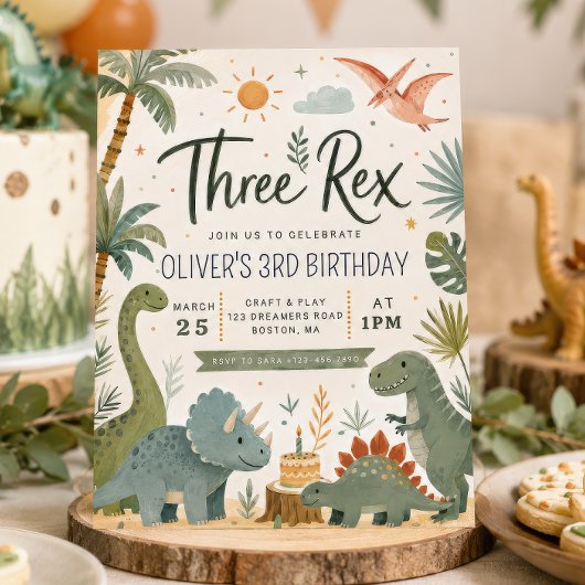 Invitation d'anniversaire de trois garçons Rex din
