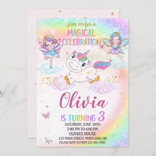 Invitation d'anniversaire de Unicorne Fairy invite (Devant / Derrière)