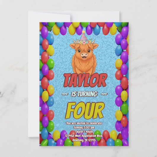 Invitation d'anniversaire de vache Highland Fluffy (Devant)