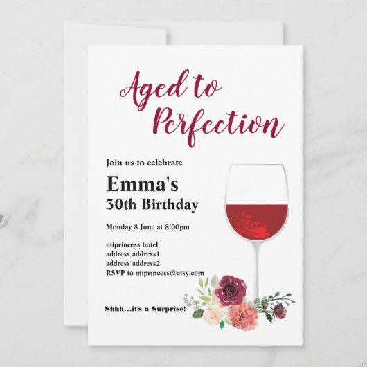 Invitation d'anniversaire de vin, Agé à Perfection (Devant)