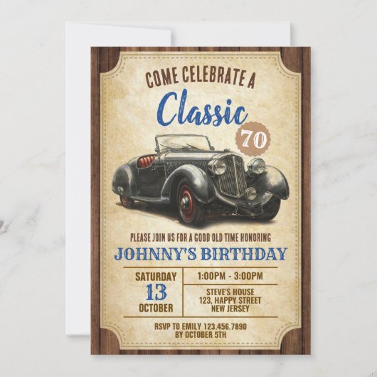 Invitation d'anniversaire de voiture classique num (Devant)