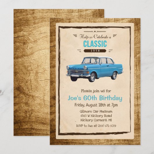 Invitation d'anniversaire de voiture classique vin (Devant / Derrière)
