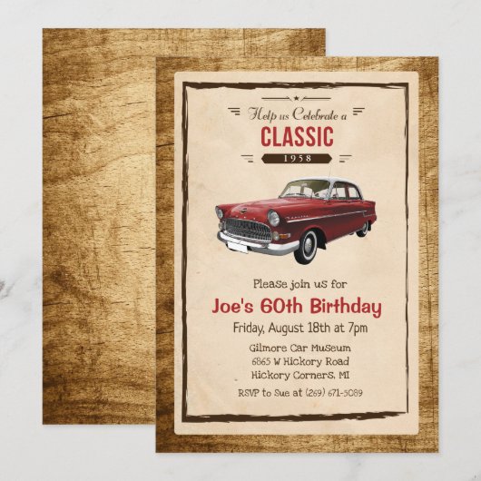 Invitation d'anniversaire de voiture classique vin (Devant / Derrière)