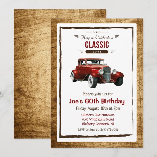 Invitation d'anniversaire de voiture classique vin (Devant / Derrière)