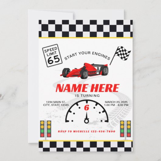 Invitation d'anniversaire de voiture de course (Devant)