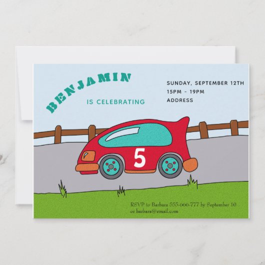 Invitation d'anniversaire de voiture de course (Devant)