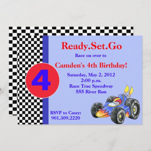 Invitation d'anniversaire de voiture de course (Devant / Derrière)