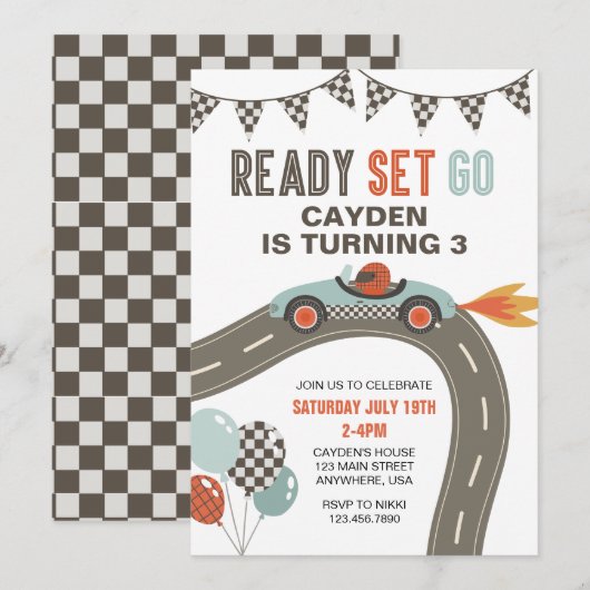 Invitation d'anniversaire de voiture de course (Devant / Derrière)