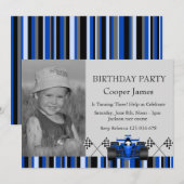 Invitation d'anniversaire de voiture de course ble (Devant / Derrière)