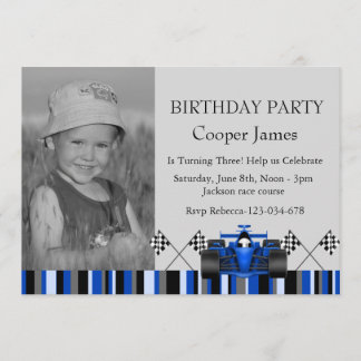 Invitation d'anniversaire de voiture de course ble