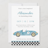 Invitation d'anniversaire de voiture de course ble (Devant)