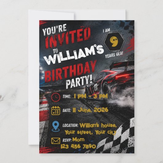 Invitation d'anniversaire de voiture de course | E (Devant)