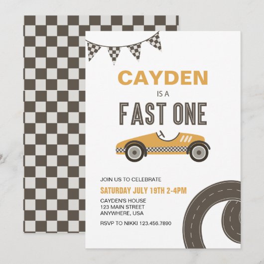 Invitation d'anniversaire de voiture de course Fas (Devant / Derrière)