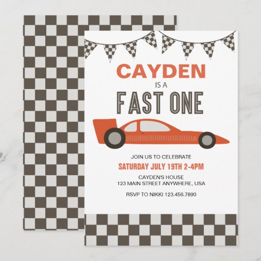 Invitation d'anniversaire de voiture de course Fas (Devant / Derrière)